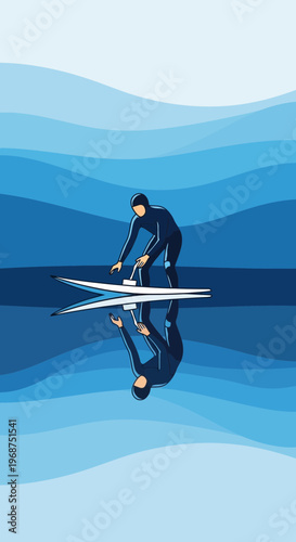 Surfer Preparing Board Calm Ocean Reflection Serene Water Sport Scene