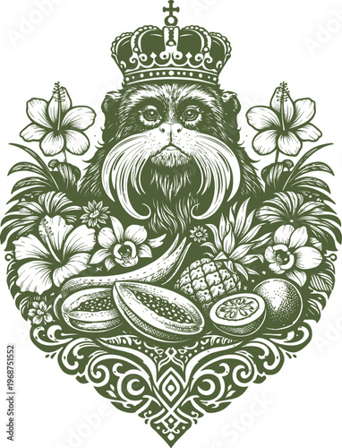 Crowned Tamarin Monkey Tropical Fruit Floral Art