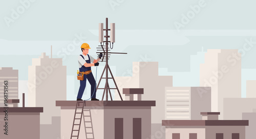 Technician Installing Antenna On Rooftop In Urban Environment