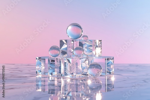 AI Generative Surreal Abstract Composition Featuring Glass Cubes and Spheres with Soft Pastel Sky