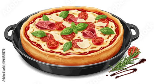 A vibrant illustration celebrates National Deep Dish Pizza Day, showcasing a cheesy, vegetable-topped pizza in a deep dish, placed in a black cast iron pan against a clean white background
