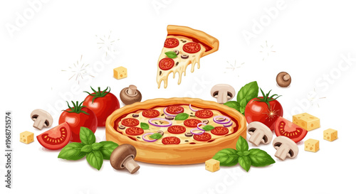 Illustrated vector showcases a National Deep Dish Pizza Day event, presenting a tempting pizza with melted cheese and fresh vegetables, designed as a vibrant poster or banner