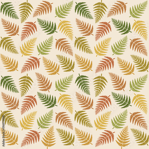 Autumn Fern Leaf Seamless Pattern, Fall Botanical Foliage Background