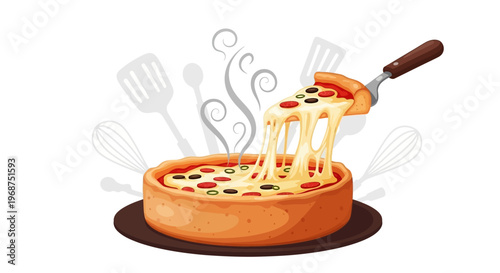 A vector illustration celebrates National Deep Dish Pizza Day with a cheesy pizza slice being lifted, set against a white background with faint kitchen utensils, designed with melted cheese