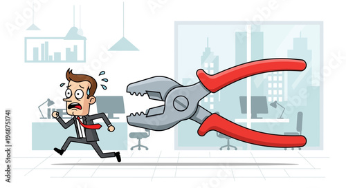 Surreal Business Danger Businessman Fleeing Giant Pliers Office Setting