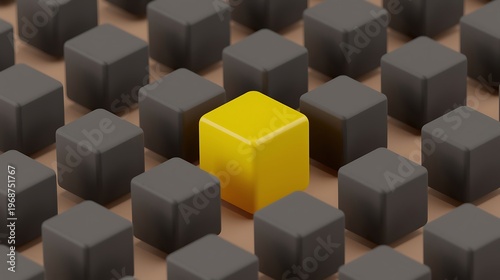 AI Generative Visual of a Bright Yellow Cube Distinguished Among Grey Cubes on a Digital Grid