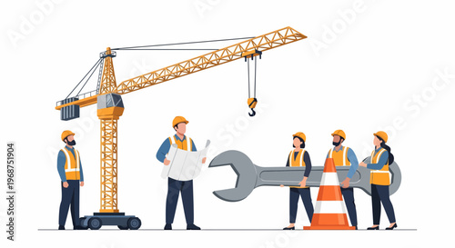 Construction workers labor on a site with a workforce and heavy machinery.