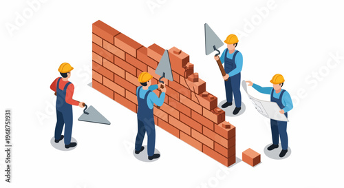 Construction workers engaged in labor to build a brick wall with workforce