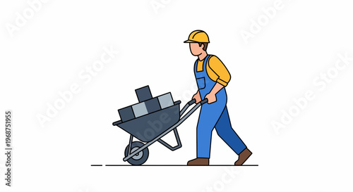 A construction worker pushing a wheelbarrow filled with heavy loads represents labor and workforce on a busy site.