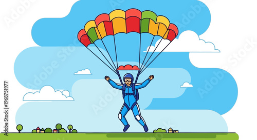 Thrilling Parachutist Descends Gracefully Amidst Vivid Clouds And Scenic Landscape