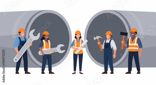 A construction worker leads a diverse workforce engaged in manual labor with various tools amidst industrial infrastructure.