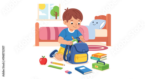 Flat style vector illustration of children organizing school supplies and backpacks, preparing for study and back to school season with education readiness concept