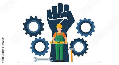 A construction worker in a green outfit holds a tool amidst a workforce labor scene with gears and a giant fist.