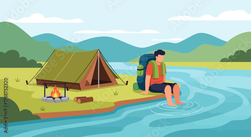 Tranquil Campsite Scene With Hiker Cooling Feet In Water