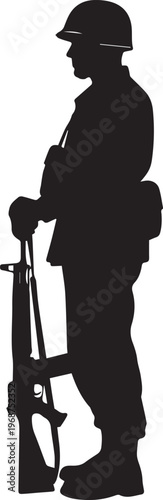 Soldier standing silhouette illustration, vector, holding rifle, army uniform, ready position