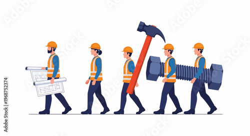 A construction worker leads a workforce in labor carrying tools and equipment.