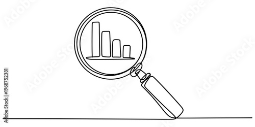 A single continuous line drawing of a magnifying glass inspecting a bar chart on white background Vector, illustration