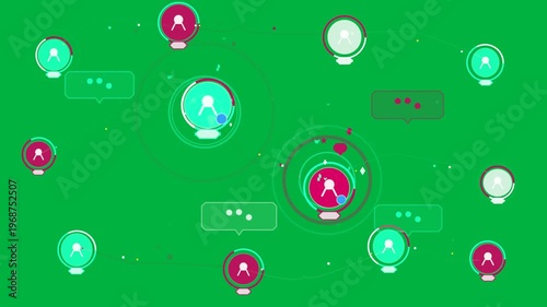 On lines linking, nodes pulsing rings, bubbles popping, showing message flow on transparent canvas