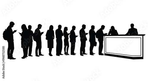 A line of people waits at a service counter each focused on their phones depicted in striking silhouette high quality professional