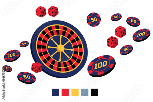 Casino roulette wheel dice and chips for gambling and betting entertainment.