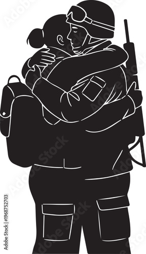 Vector silhouette illustration of a soldier hugging his loved one showing reunion line art