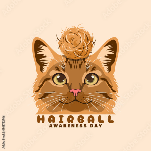 Ginger feline with a hairball on her head. Graphic Illustration of National Hairball Awareness Day on April.