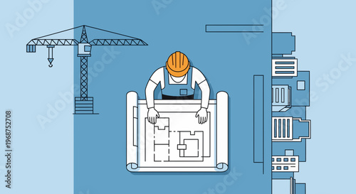 A construction worker studies blueprints on a site with a workforce labor force nearby