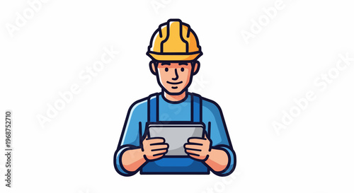 A construction worker in a yellow hard hat examines a tablet on a construction site with his workforce engaged in labor.