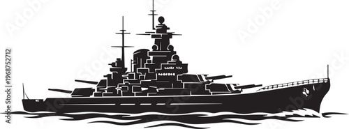 Warship vector silhouette illustration battle ship design with guns naval fleet line art