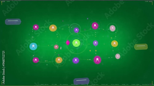 Central green hub pulsing, sending pings through nodes, sparks showing flow on transparent nebula