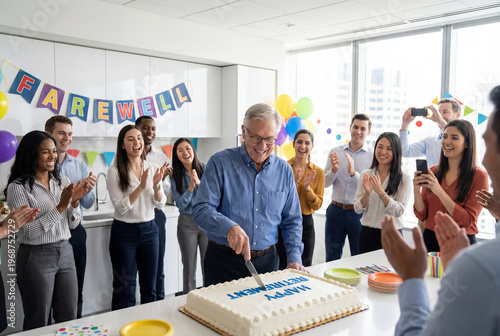 Smiling senior man cuts a large cake at his office retirement party while diverse happy colleagues clap, take photos, and celebrate.