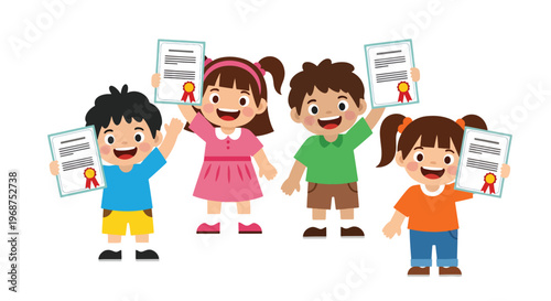 Flat style vector illustration of children celebrating learning achievement with certificates, smiling students showing success and motivation in education concept