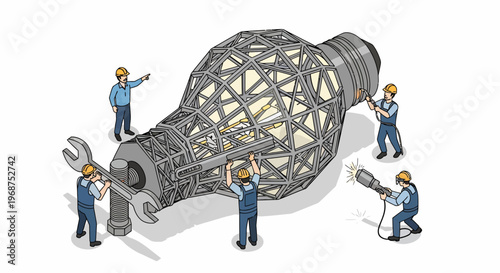Construction workers assemble a large light bulb with workforce labor
