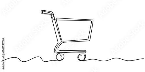 A single continuous line drawing of a shopping cart representing retail and consumer commerce Vector, illustration