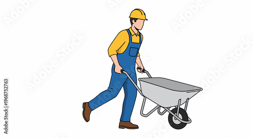 A construction worker pushing a wheelbarrow on a construction site as part of the workforce doing labor