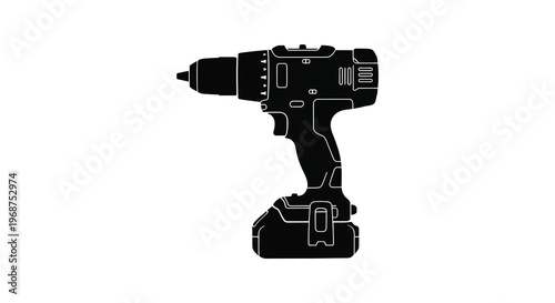 A stark black silhouette depicts a modern cordless power drill showcasing its ergonomic design and key features silhouette high quality professional