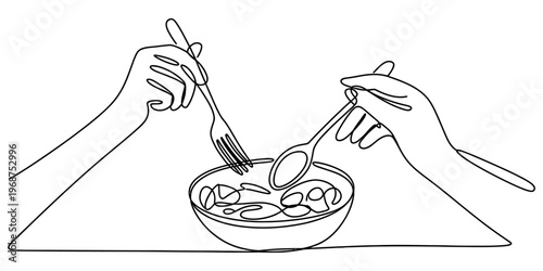 Minimalist continuous line drawing of two hands eating from a bowl with a fork and a spoon icon. Vector, illustration