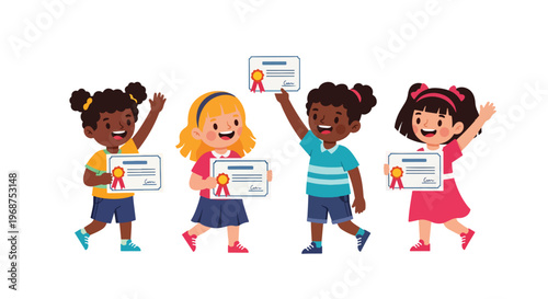 Flat style vector illustration of children celebrating learning achievement with certificates, smiling students showing success and motivation in education concept