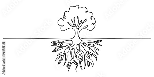A minimalist single line drawing of a tree featuring visible roots beneath the ground level line. Vector, illustration