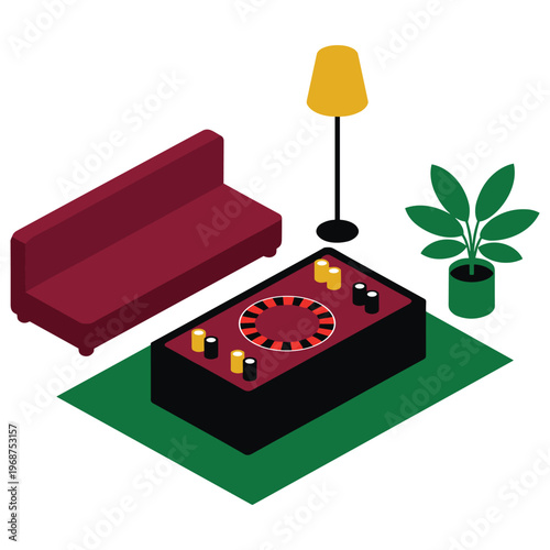 Isometric casino roulette table setup with sofa lamp and plant in living room.