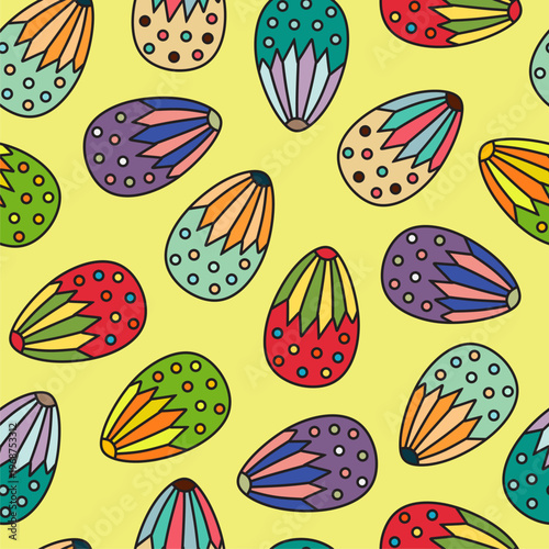 Easter egg seamless pattern. Seamless bright background for Easter designs, featuring cute patterned eggs with polka dots and stripes