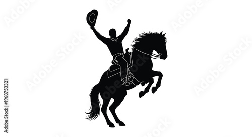 A dynamic silhouette of a cowboy riding a rearing horse tipping his hat in a classic western gesture silhouette high quality