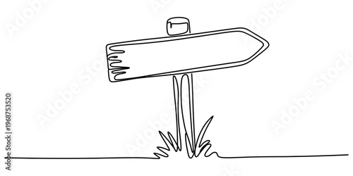A single continuous line drawing of a wooden directional signpost pointing towards the right side Vector, illustration
