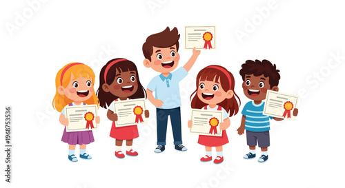 Flat style vector illustration of children celebrating learning achievement with certificates, smiling students showing success and motivation in education concept