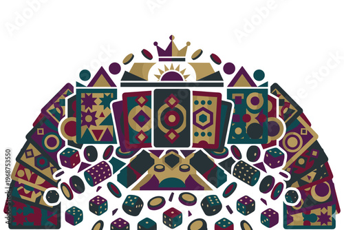 Ornate card game composition with decorative tarot cards and falling dice on dark gold.