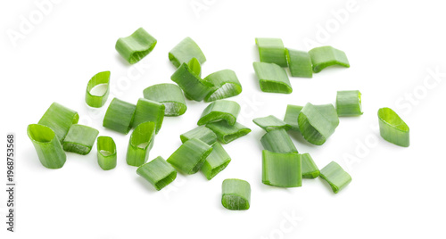 Quadro su tela Pieces of green onion isolated on white