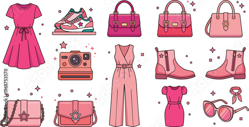 Vector set of trendy pink fashion items and lifestyle accessories featuring dresses shoes handbags and camera in flat design.