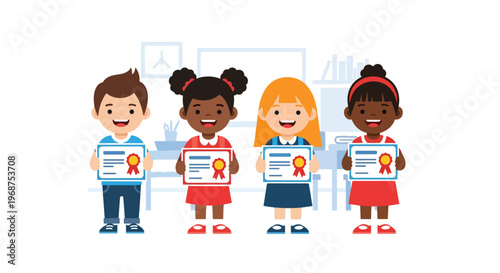 Flat style vector illustration of children celebrating learning achievement with certificates, smiling students showing success and motivation in education concept