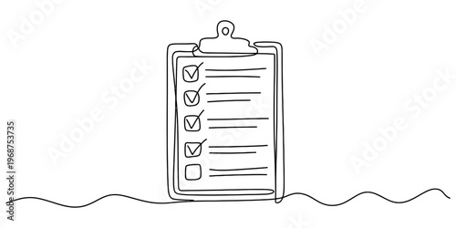 A simple continuous line drawing of a clipboard with a checklist on a clean white background Vector, illustration