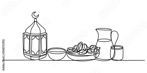 Continuous single line drawing of ramadan lantern and iftar food items on a clean white background Vector, illustration